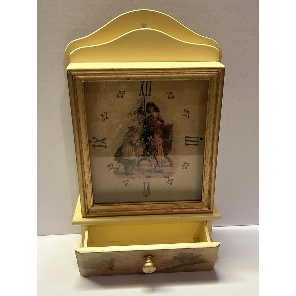 Vintage Victorian Style Wood Wall Clock Key Cabinet‎ Storage Drawer Cream Gold